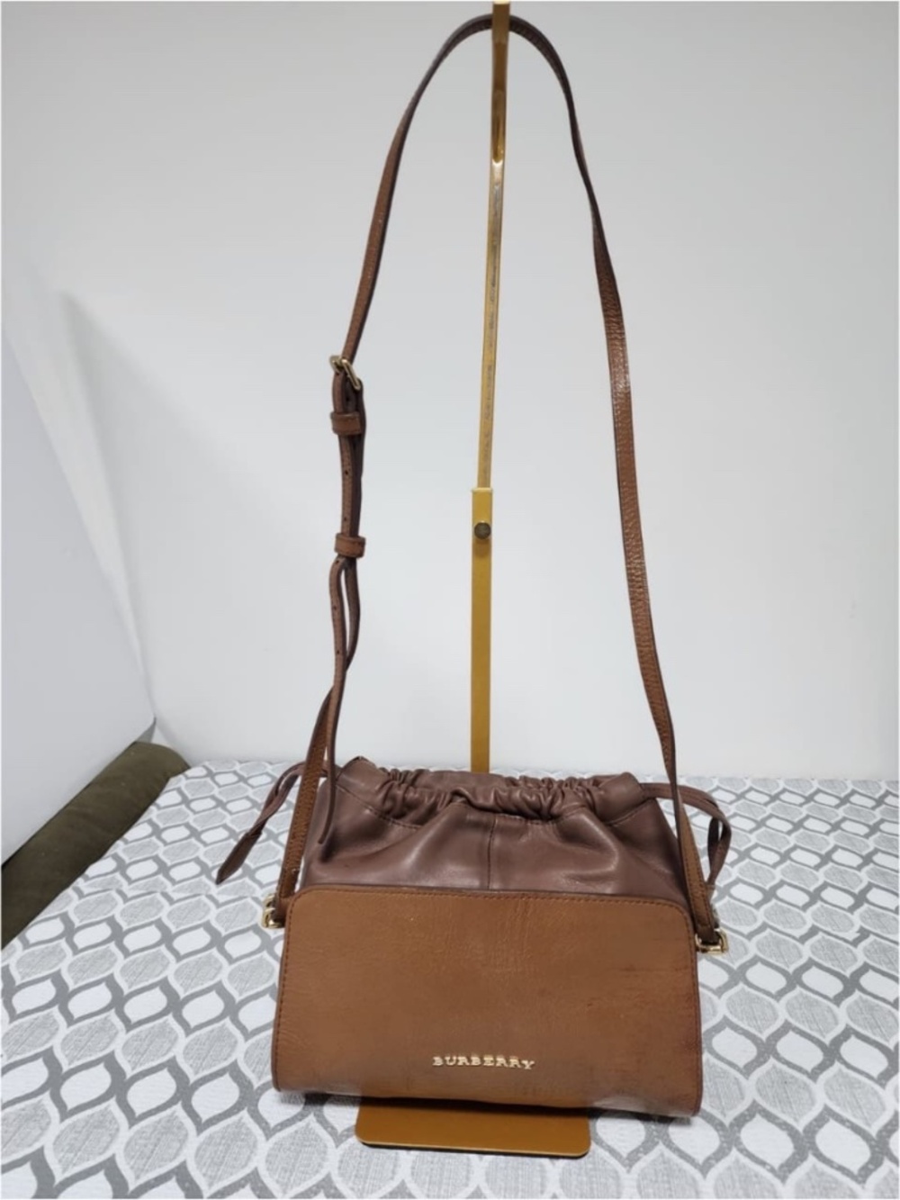 Authentic Burberry Leather Drawstring Crossbody Bag Brown